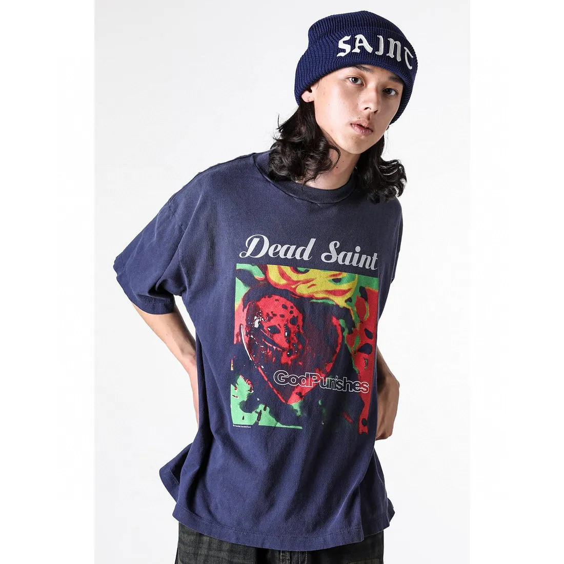 SAINT Mxxxxxx DEAD SAINT SS TEE/NAVY DEAD SAINT printed short sleeves God's Punishment TEE Washed blue S-XL Genuine consistent tube weaving without side seams High weight OE yarn fabric Assute dyeing Multiple horse fades Heavy wash water Worn holes Original consistent main mark/wash mark/little angel anti-counterfeiting mark